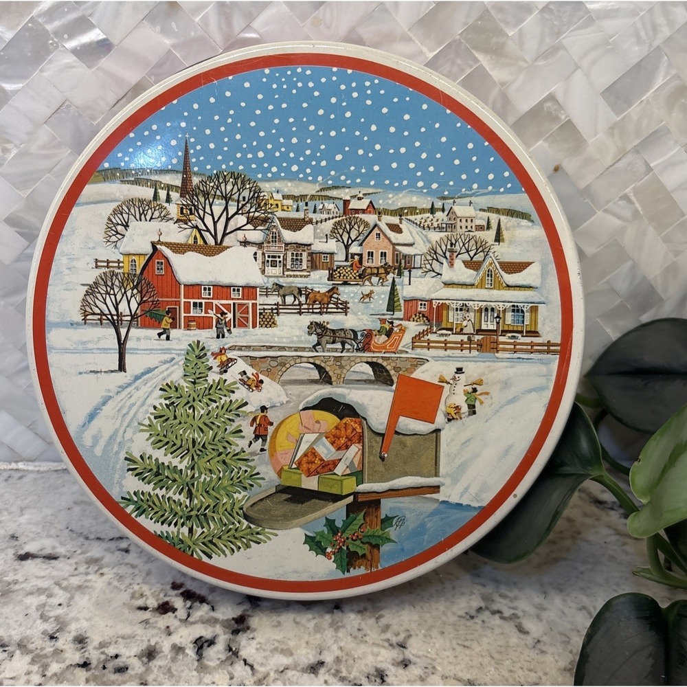 Vintage Christmas Round Nut Tin Metal Container Village Snow Presents Skating